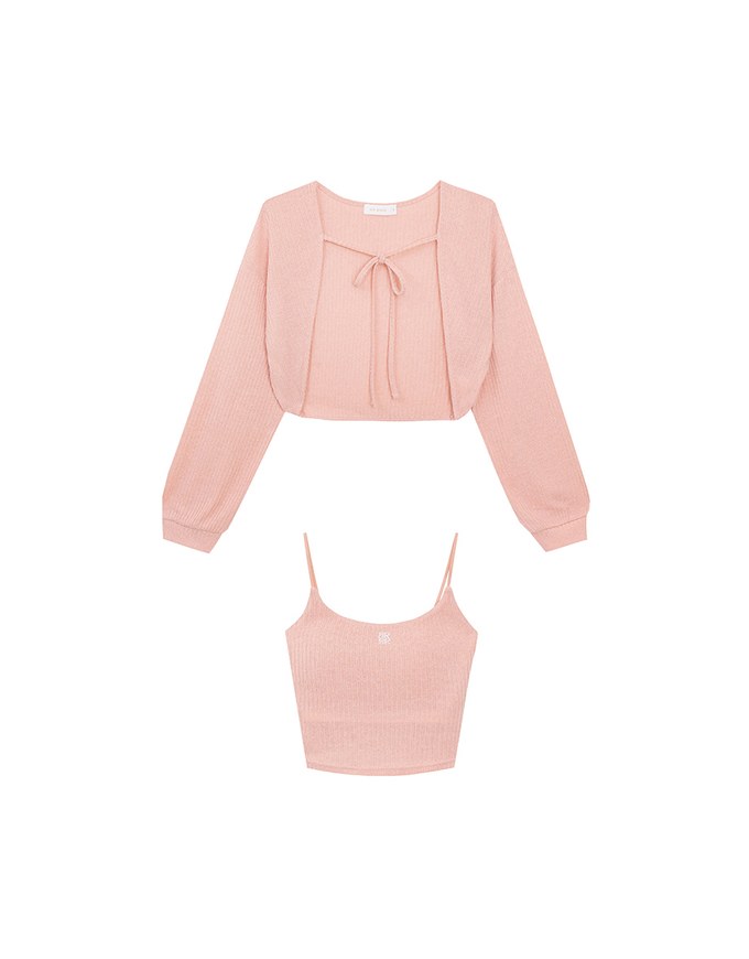 Cropped Knit Tie Front Cardigan with AIR SPACE Logo Embroidered Cami Padded Top Set Wear