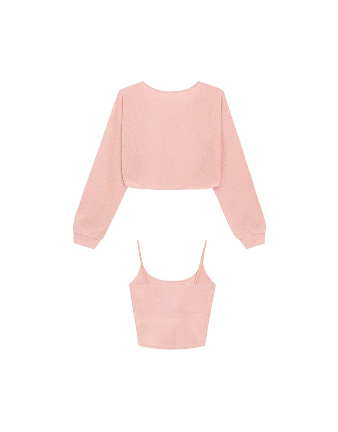 Cropped Knit Tie Front Cardigan with AIR SPACE Logo Embroidered Cami Padded Top Set Wear