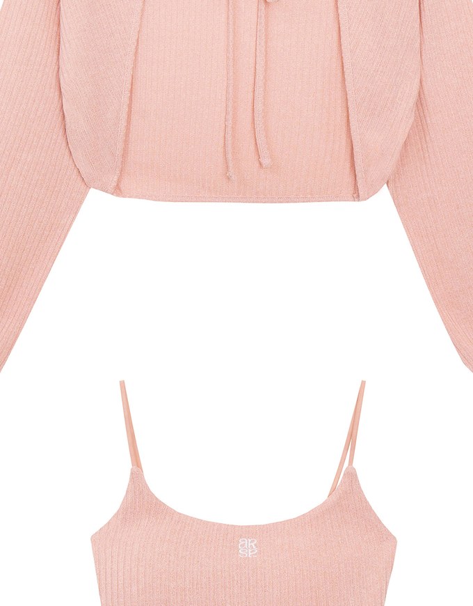 Cropped Knit Tie Front Cardigan with AIR SPACE Logo Embroidered Cami Padded Top Set Wear