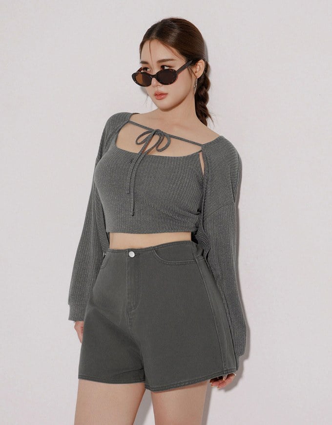 Cropped Knit Tie Front Cardigan with AIR SPACE Logo Embroidered Cami Padded Top Set Wear