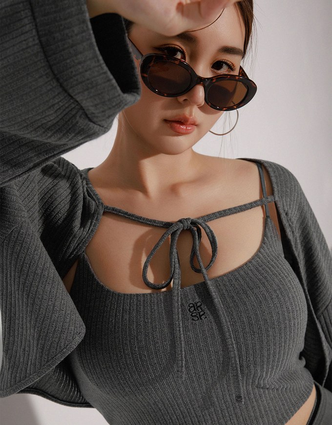 Cropped Knit Tie Front Cardigan with AIR SPACE Logo Embroidered Cami Padded Top Set Wear