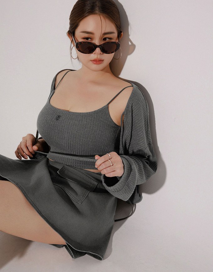 Cropped Knit Tie Front Cardigan with AIR SPACE Logo Embroidered Cami Padded Top Set Wear