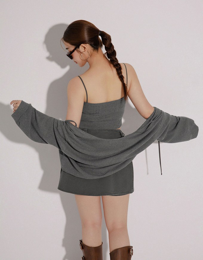Cropped Knit Tie Front Cardigan with AIR SPACE Logo Embroidered Cami Padded Top Set Wear