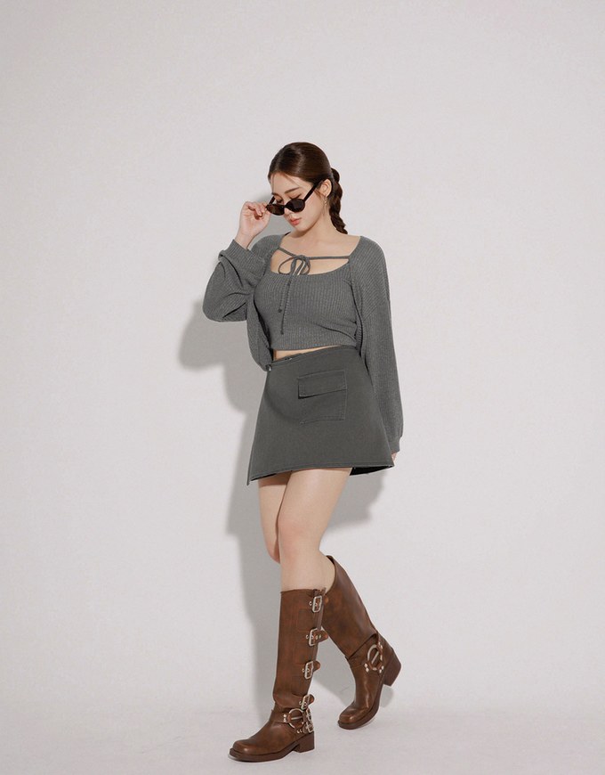 Cropped Knit Tie Front Cardigan with AIR SPACE Logo Embroidered Cami Padded Top Set Wear