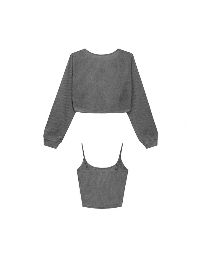 Cropped Knit Tie Front Cardigan with AIR SPACE Logo Embroidered Cami Padded Top Set Wear