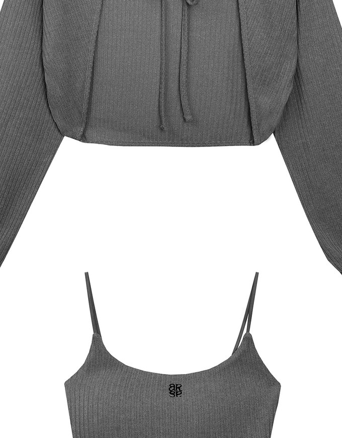 Cropped Knit Tie Front Cardigan with AIR SPACE Logo Embroidered Cami Padded Top Set Wear