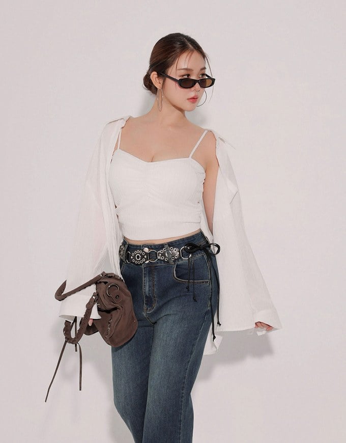 Striped Button Down Shirt Blouse with Ruched Cami Bra Top Set Wear
