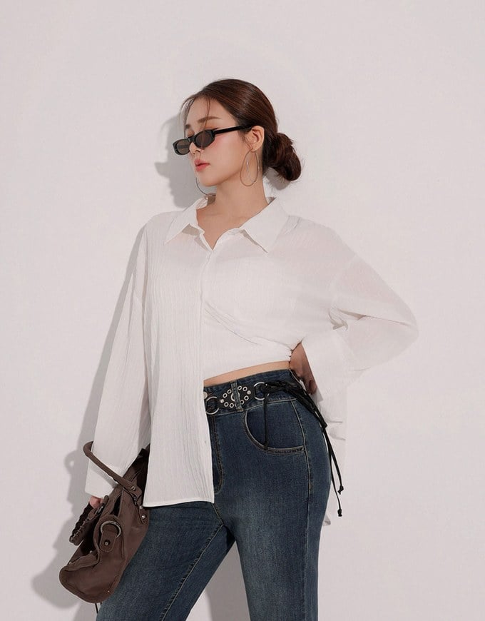Striped Button Down Shirt Blouse with Ruched Cami Bra Top Set Wear