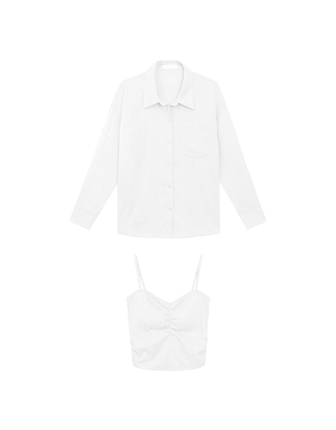 Striped Button Down Shirt Blouse with Ruched Cami Bra Top Set Wear
