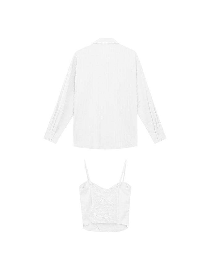 Striped Button Down Shirt Blouse with Ruched Cami Bra Top Set Wear