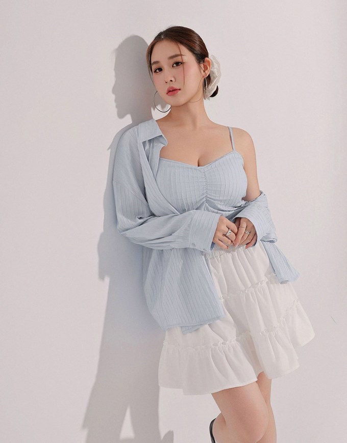 Striped Button Down Shirt Blouse with Ruched Cami Bra Top Set Wear
