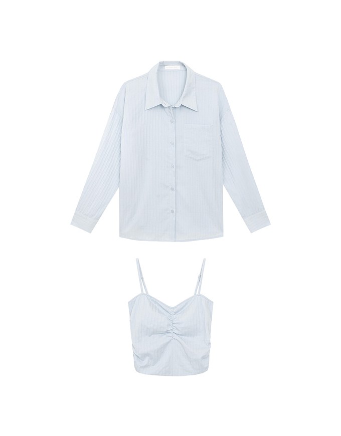 Striped Button Down Shirt Blouse with Ruched Cami Bra Top Set Wear