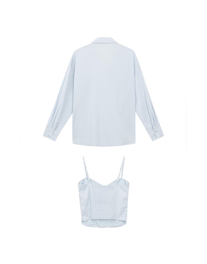Striped Button Down Shirt Blouse with Ruched Cami Bra Top Set Wear