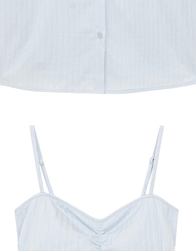 Striped Button Down Shirt Blouse with Ruched Cami Bra Top Set Wear