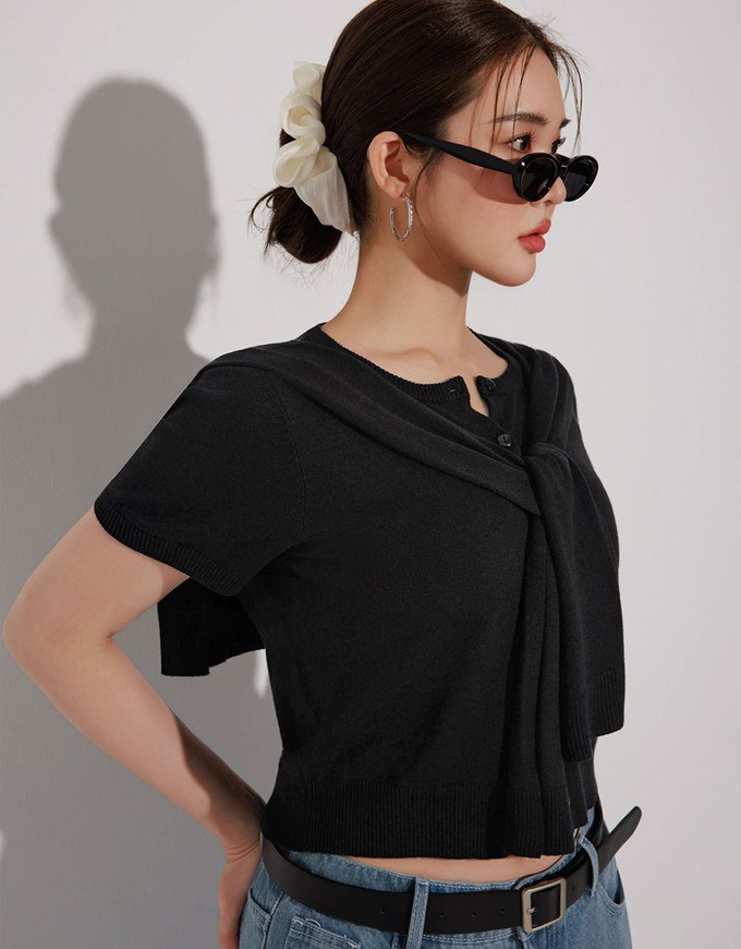 Knit Shawl Short Sleeve Crop Cardigan Top