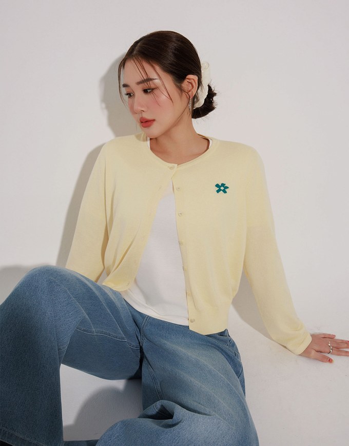 Preppy School Girl Basic Flower Long Sleeve Cardigan Knit Top