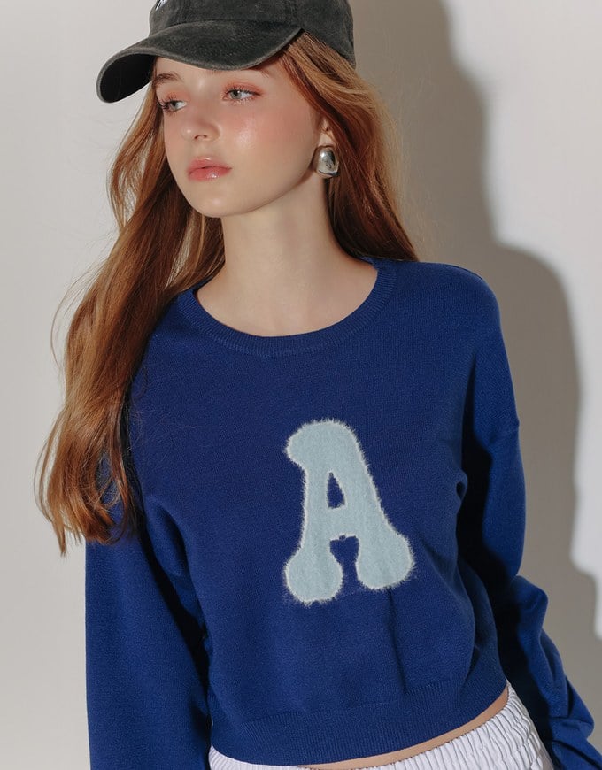 Fuzzy Letter Embroidered Cropped Knit Sweater