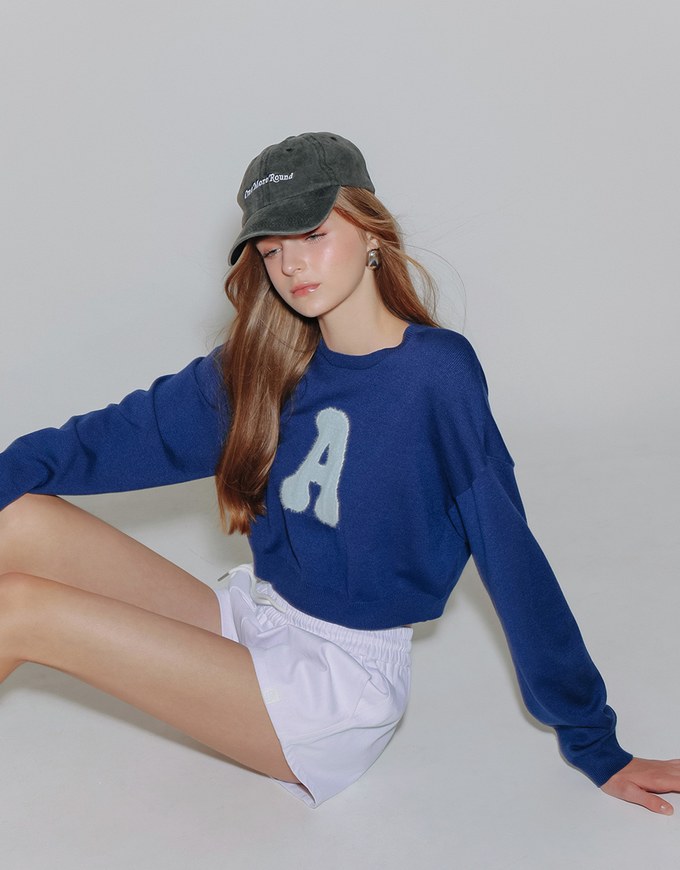 Fuzzy Letter Embroidered Cropped Knit Sweater
