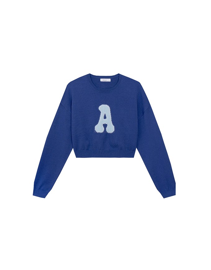Fuzzy Letter Embroidered Cropped Knit Sweater