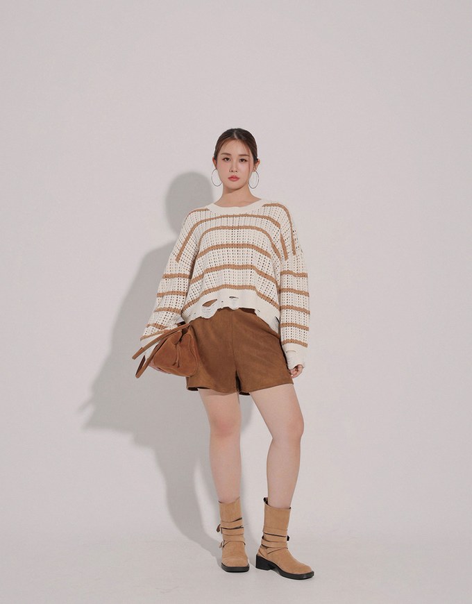 Distressed Hem Open Knit Striped Long Sleeve Sweater