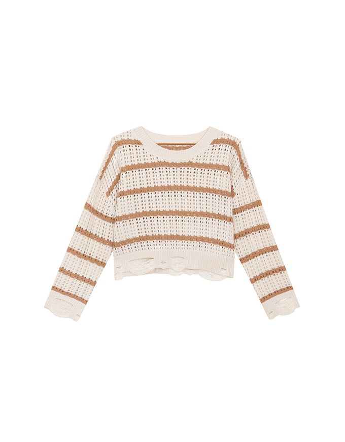 Distressed Hem Open Knit Striped Long Sleeve Sweater