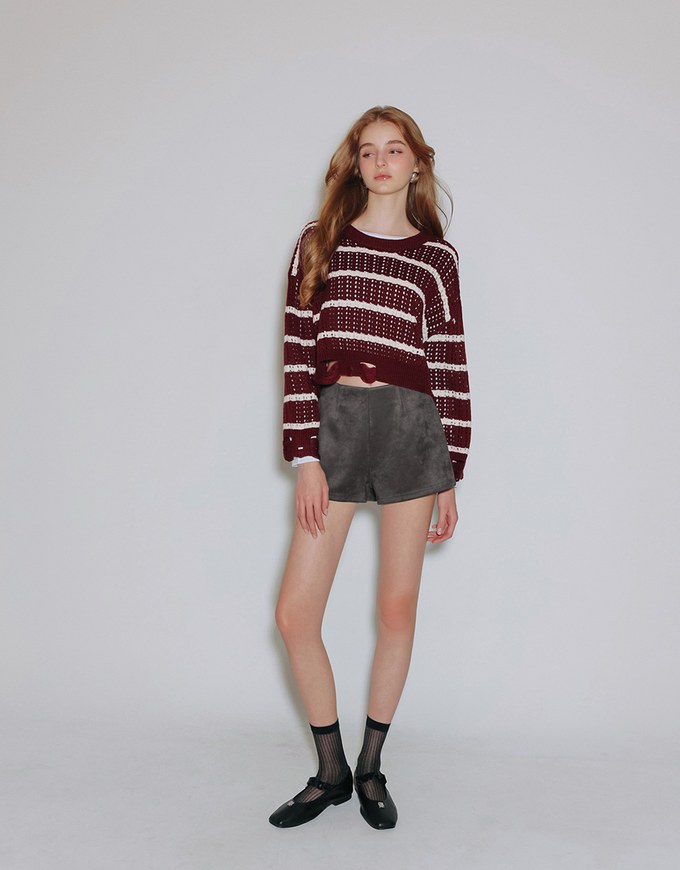 Distressed Hem Open Knit Striped Long Sleeve Sweater