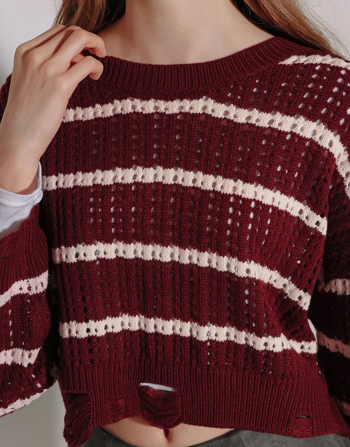 Distressed Hem Open Knit Striped Long Sleeve Sweater