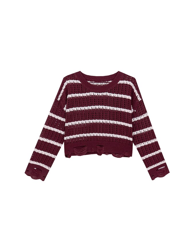 Distressed Hem Open Knit Striped Long Sleeve Sweater