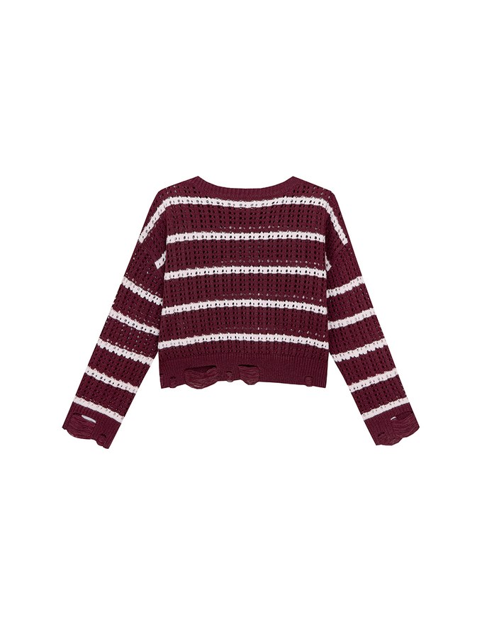 Distressed Hem Open Knit Striped Long Sleeve Sweater