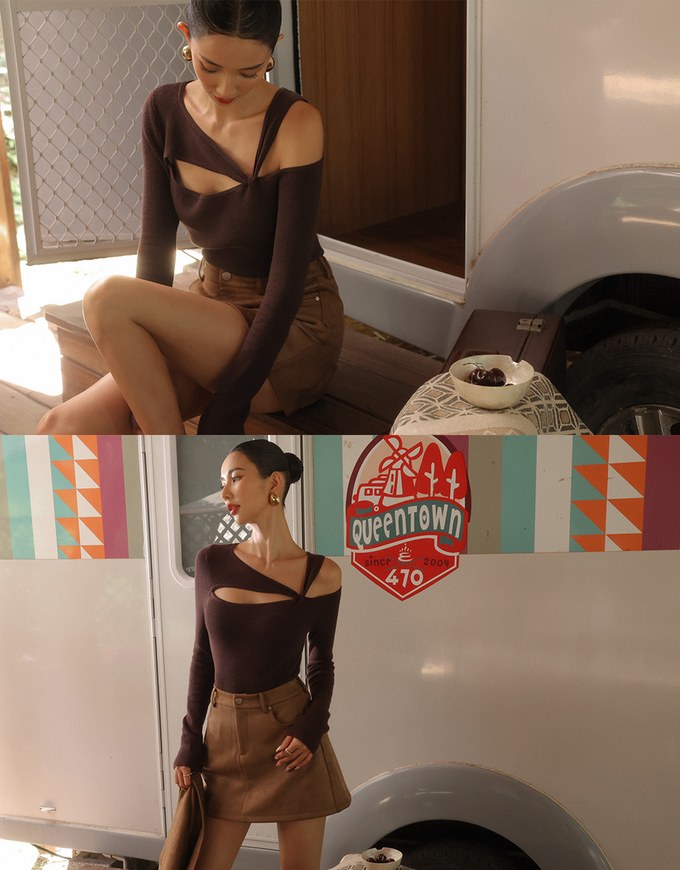 Asymmetrical Cut Out Ribbed Knit Long Sleeve Top