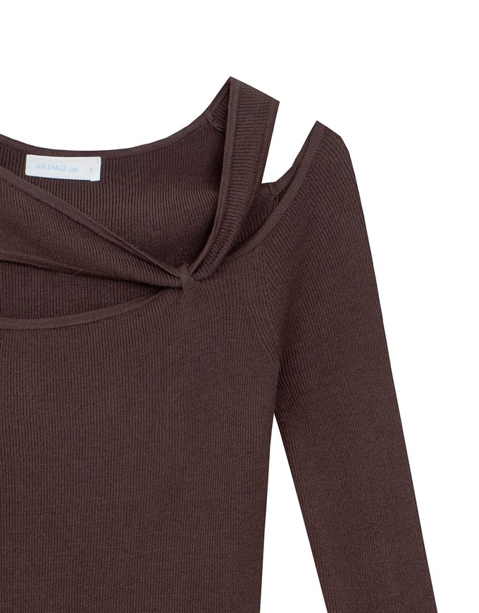 Asymmetrical Cut Out Ribbed Knit Long Sleeve Top