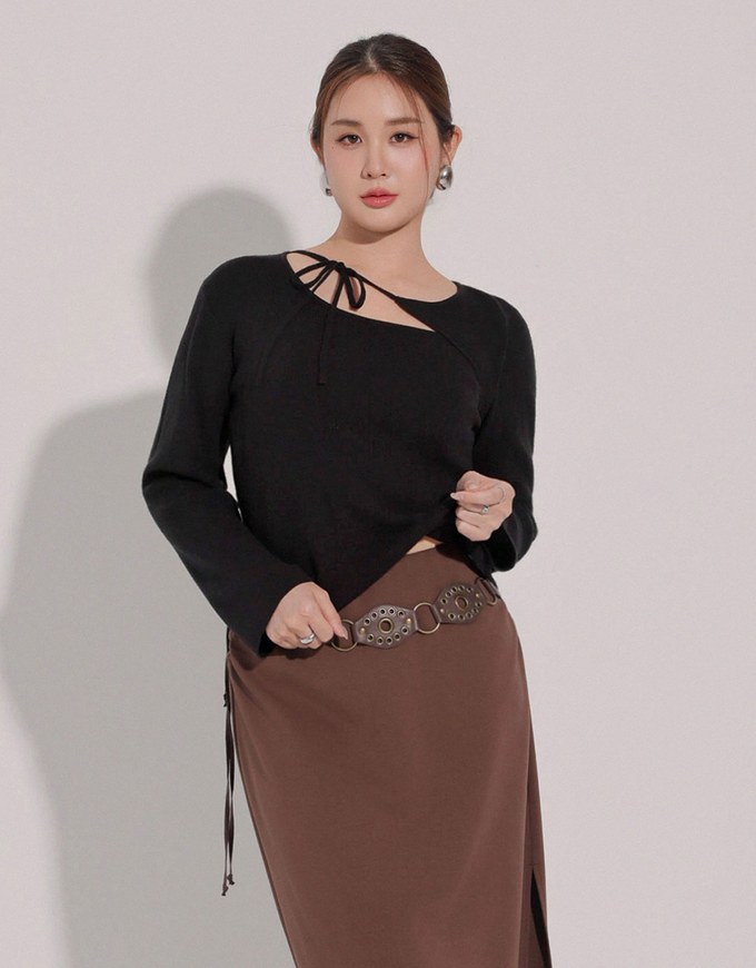 【Ling Cheng Design】Asymmetric Front Tie Knit Long Sleeve Top