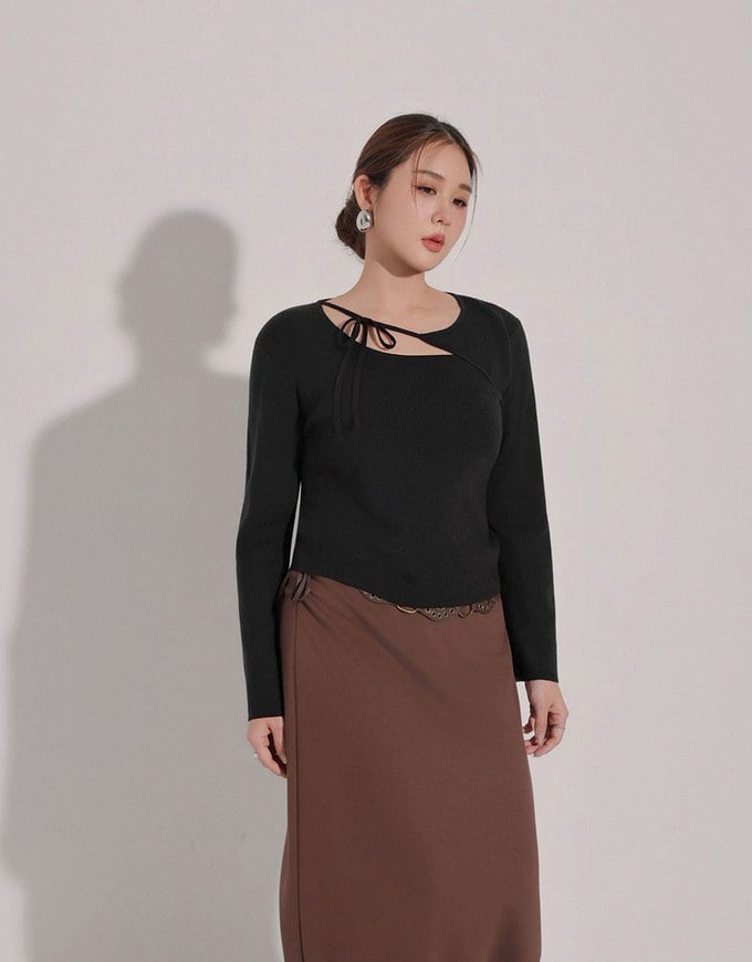 【Ling Cheng Design】Asymmetric Front Tie Knit Long Sleeve Top