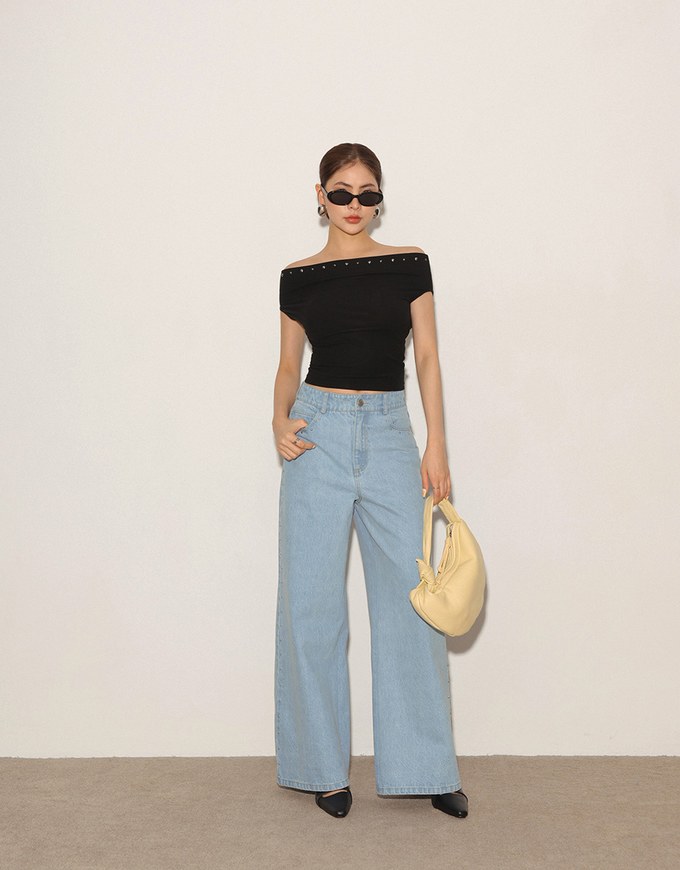 Off Shoulder Studded Detail Crop Fitted Top