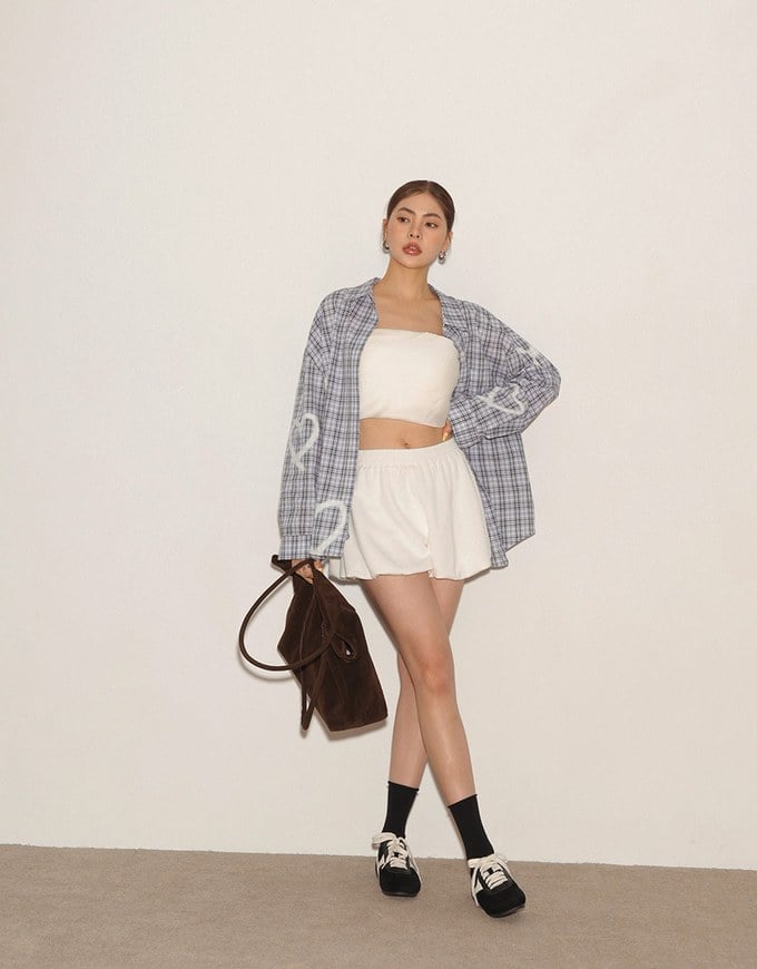 Oversized Graffiti Heart Plaid Long Sleeve Shirt Blouse