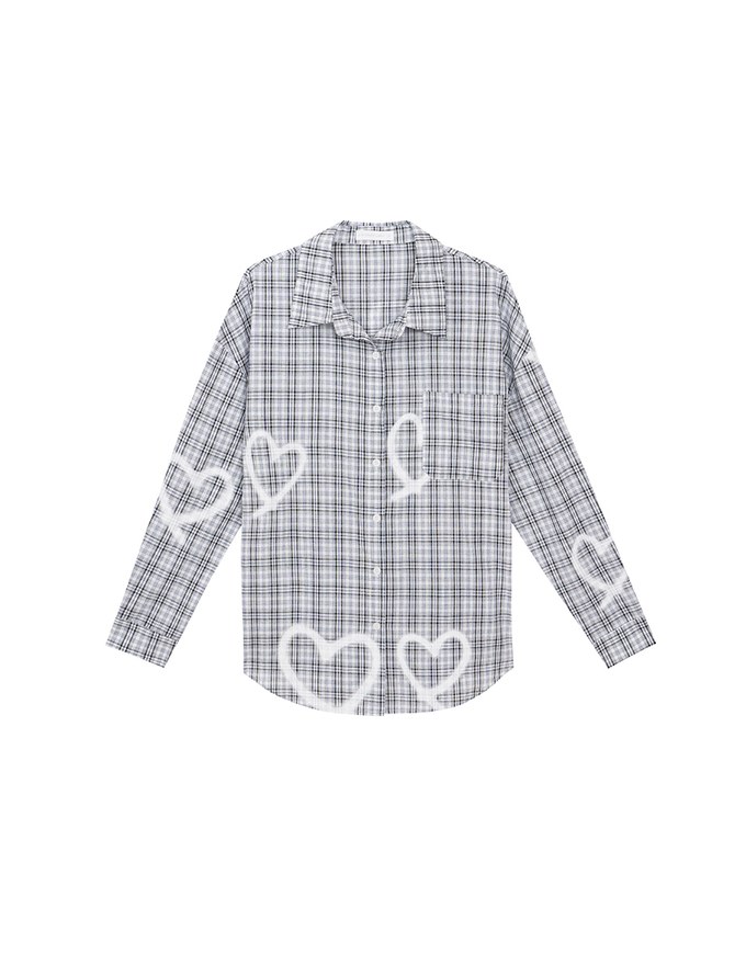 Oversized Graffiti Heart Plaid Long Sleeve Shirt Blouse