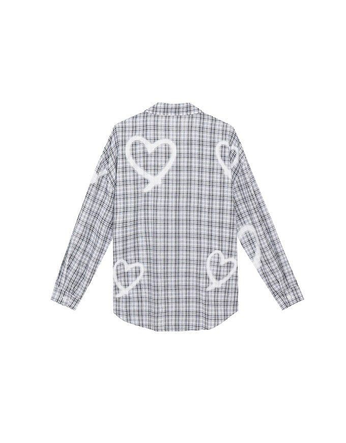 Oversized Graffiti Heart Plaid Long Sleeve Shirt Blouse