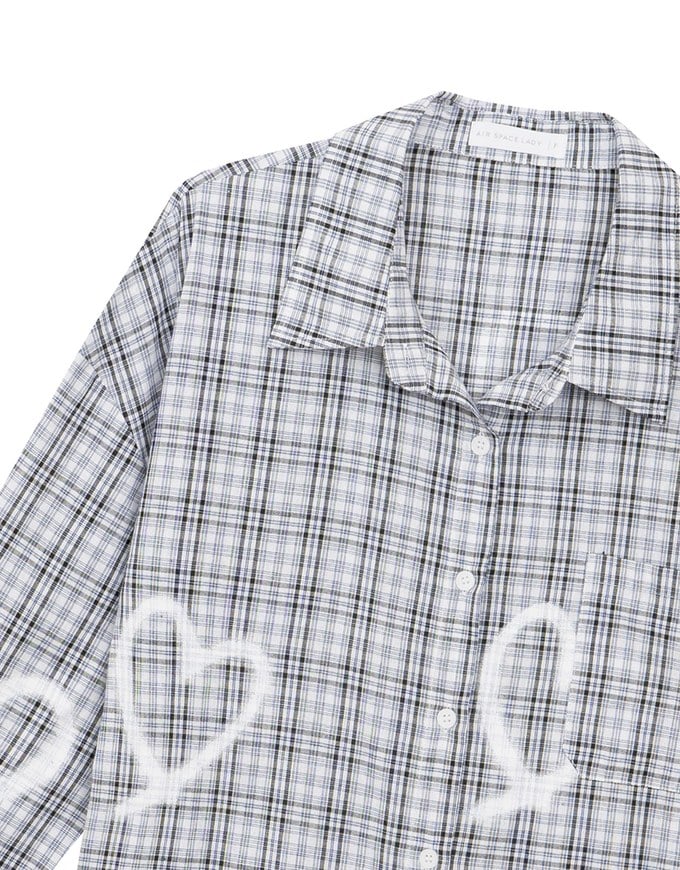 Oversized Graffiti Heart Plaid Long Sleeve Shirt Blouse