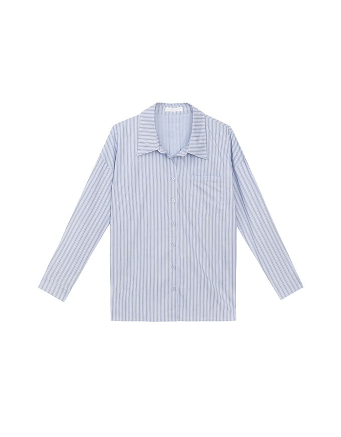 Oversized Striped Long Sleeve Shirt with Single Pocket