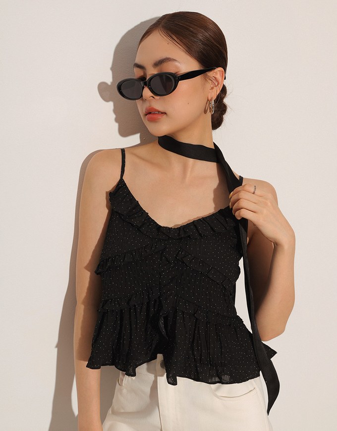 Ruffle Trim Polka Dot Spaghetti Strap Camisole Top