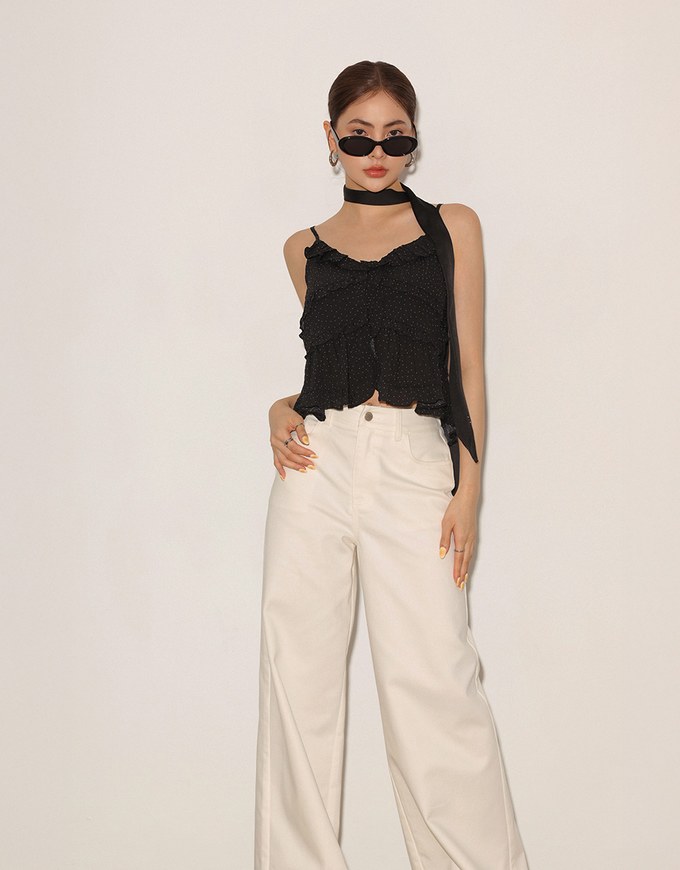 Ruffle Trim Polka Dot Spaghetti Strap Camisole Top