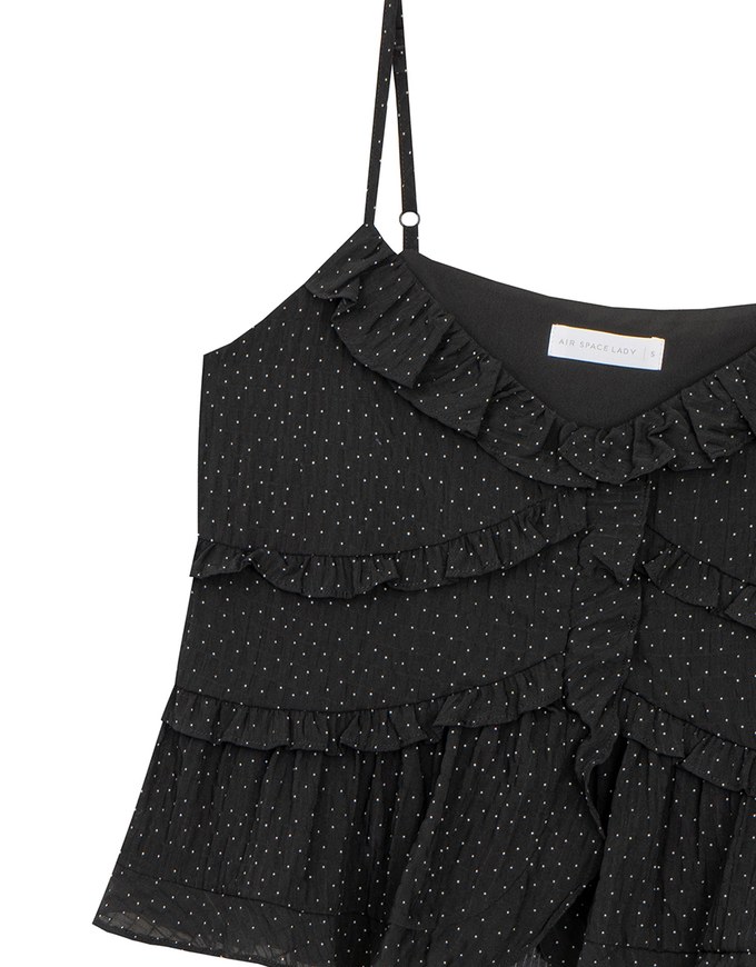 Ruffle Trim Polka Dot Spaghetti Strap Camisole Top