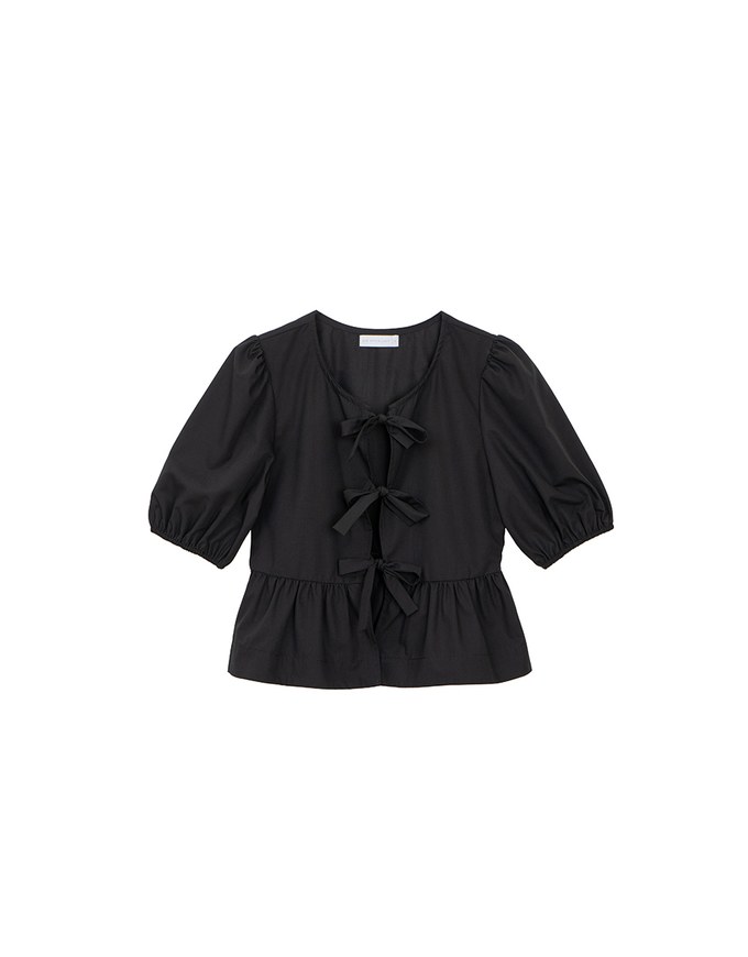 Puff Sleeve Bow Tie Peplum Hem Crop Top