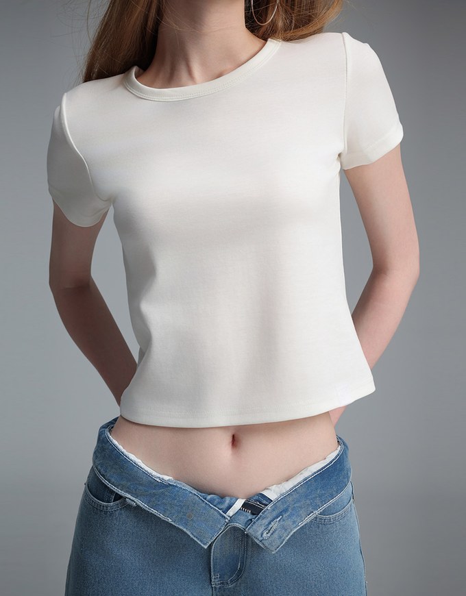 【Stain Resistant】Simple Basic Crew Neck Fitted Crop Tee