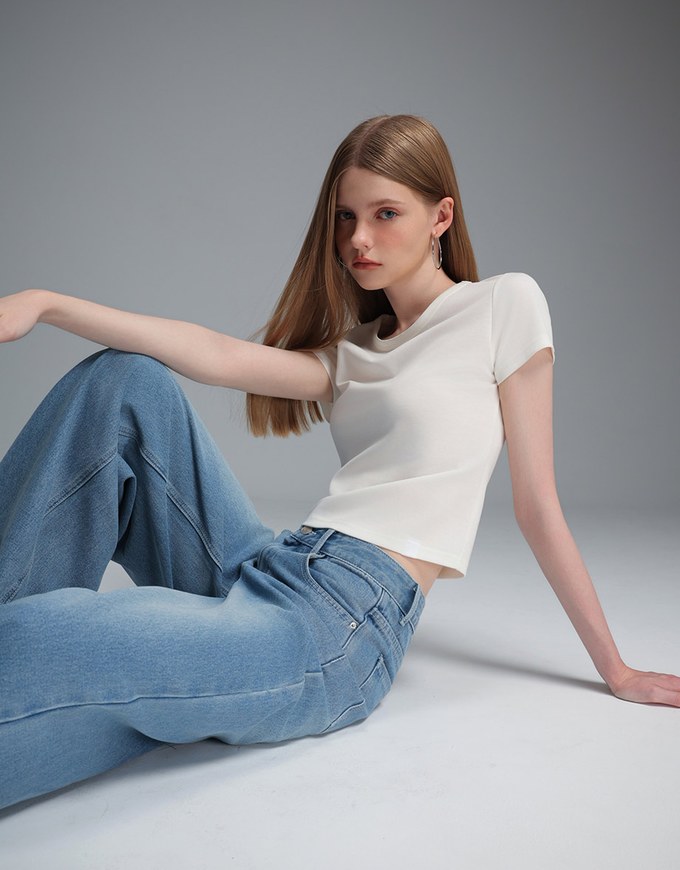 【Stain Resistant】Simple Basic Crew Neck Fitted Crop Tee