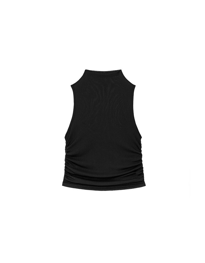 Sheer Mock Neck Sleeveless Tank Top with Side Ruching