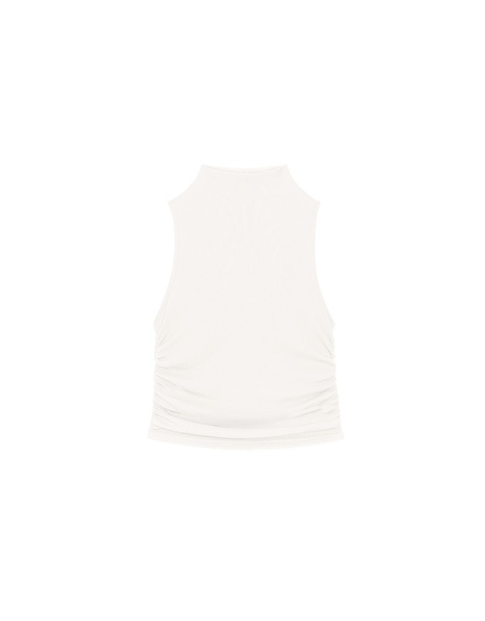 Sheer Mock Neck Sleeveless Tank Top with Side Ruching