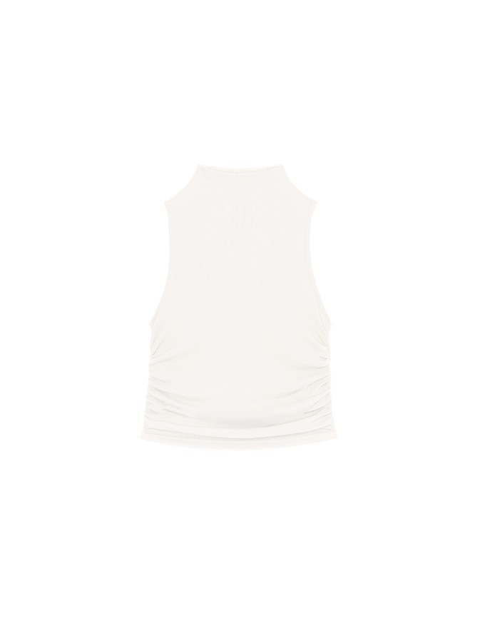 Sheer Mock Neck Sleeveless Tank Top with Side Ruching