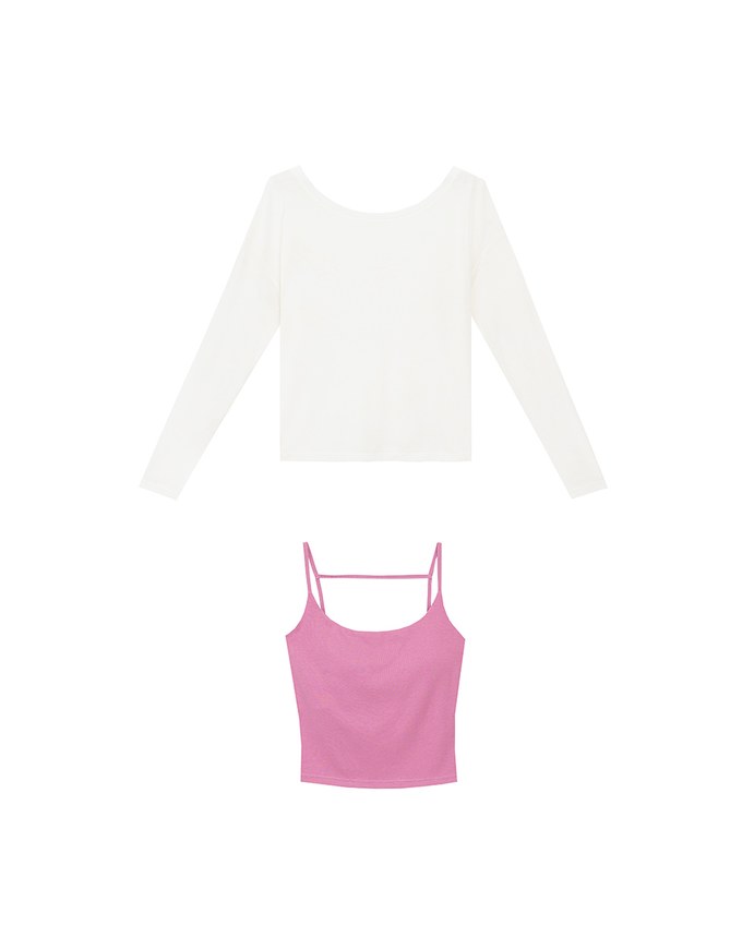 Sheer Knit Off Shoulder Long Sleeve Top and Contrast Strappy Camisole Set Wear