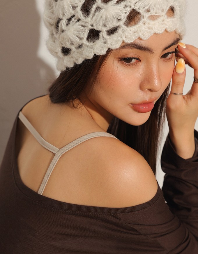 Sheer Knit Off Shoulder Long Sleeve Top and Contrast Strappy Camisole Set Wear